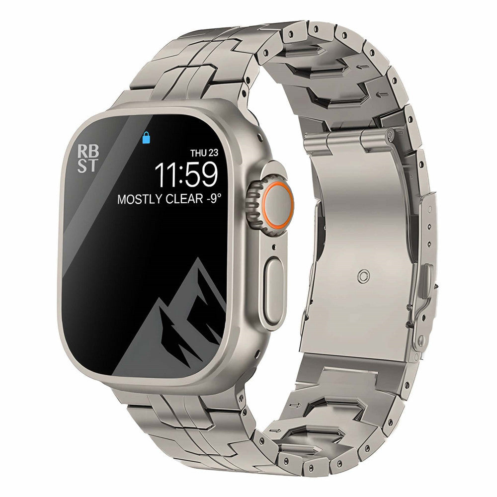 Titanium Iron Man watch strap with metal links and secure clasp shown on a plain background