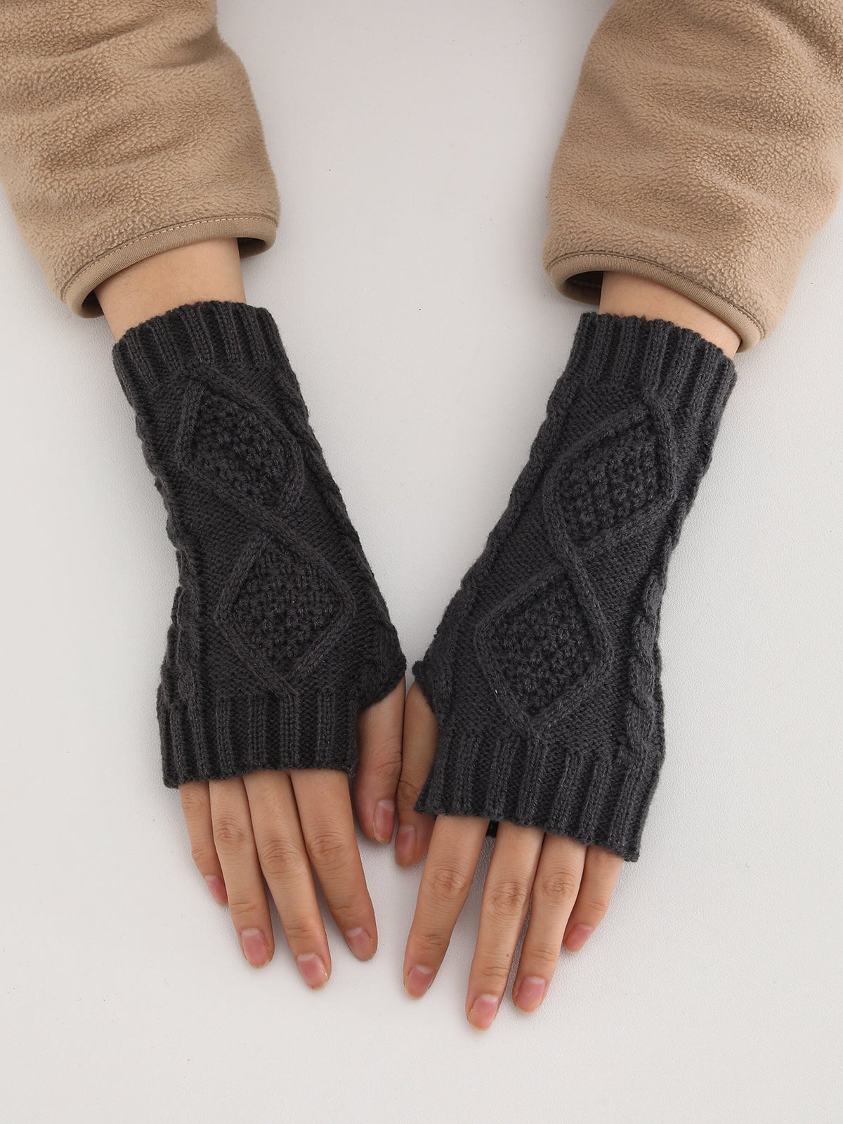 Women's winter thermal acrylic diamond cable knit fingerless wrist-length gloves in multicolor