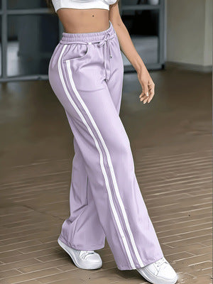 Women's high-waisted lace-up patchwork casual wide-leg pants, front view