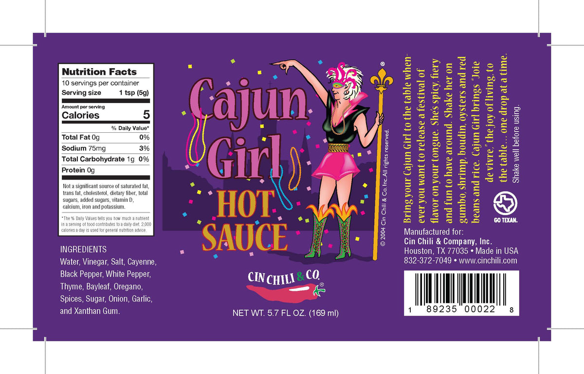 Cajun Girl Louisiana-Style Hot Sauce bottle from Cinderosa Ranch with bright label and spicy hot sauce inside.