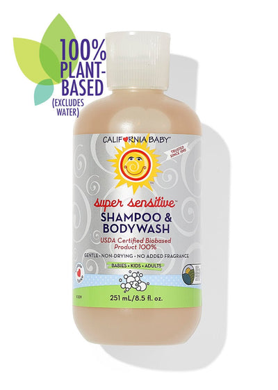 California Baby No Fragrance Super Sensitive Shampoo & Bodywash in 8.5 oz bottle, gentle for sensitive skin.