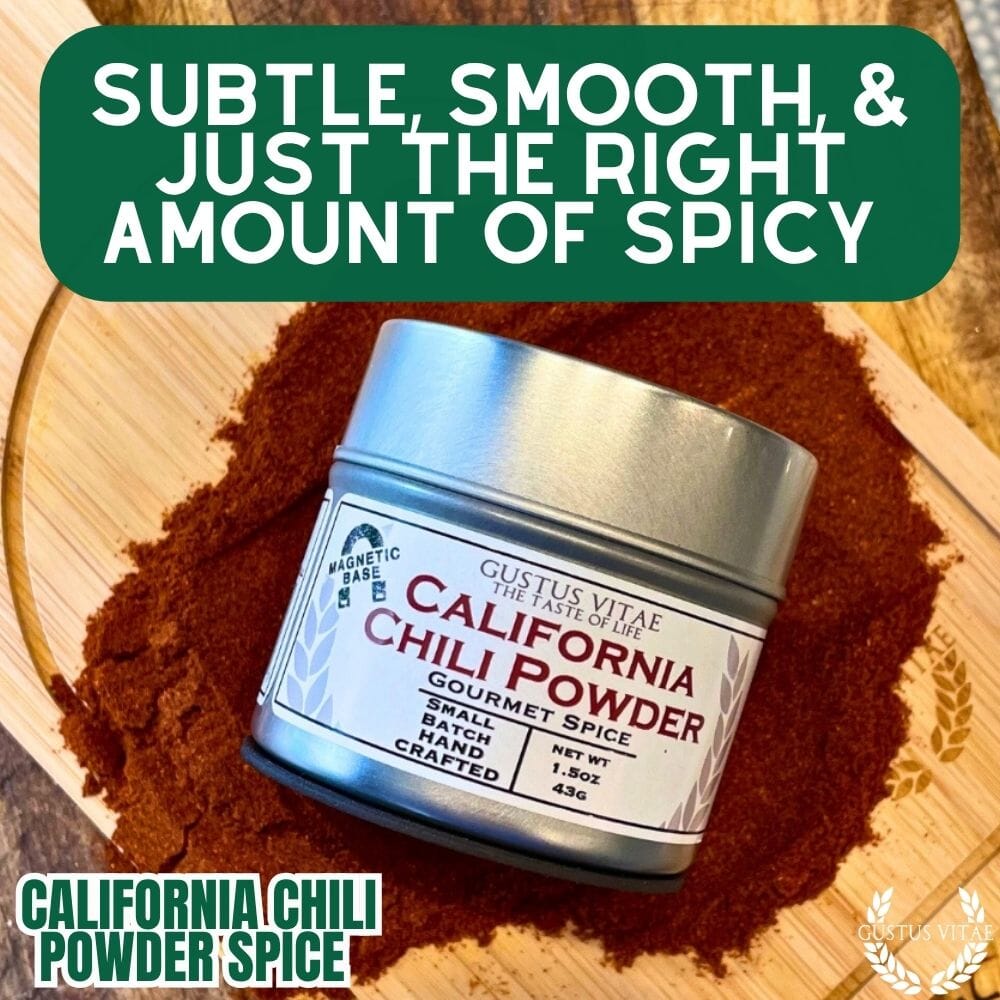 Gustus Vitae California Chili Powder, gourmet seasoning in a glass jar with red chili flakes and vibrant color.
