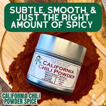 Gustus Vitae California Chili Powder, gourmet seasoning in a glass jar with red chili flakes and vibrant color.