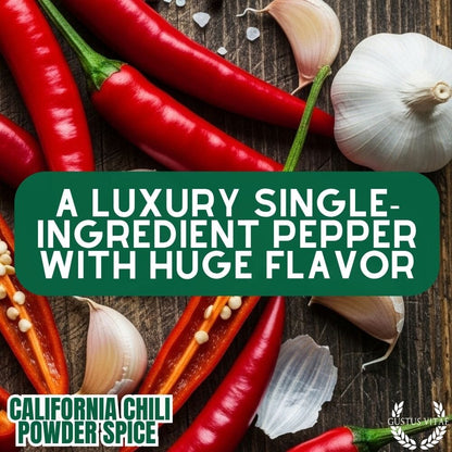 Gustus Vitae California Chili Powder in a jar, gourmet seasoning with vibrant red chili flakes and spices for flavorful dishes.