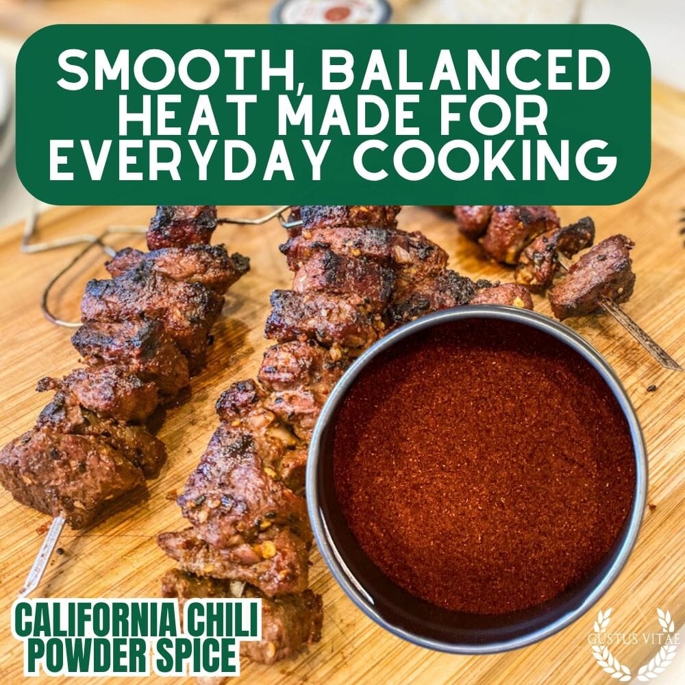 Gustus Vitae California Chili Powder in a spice jar, showcasing vibrant red chili flakes for gourmet seasoning.