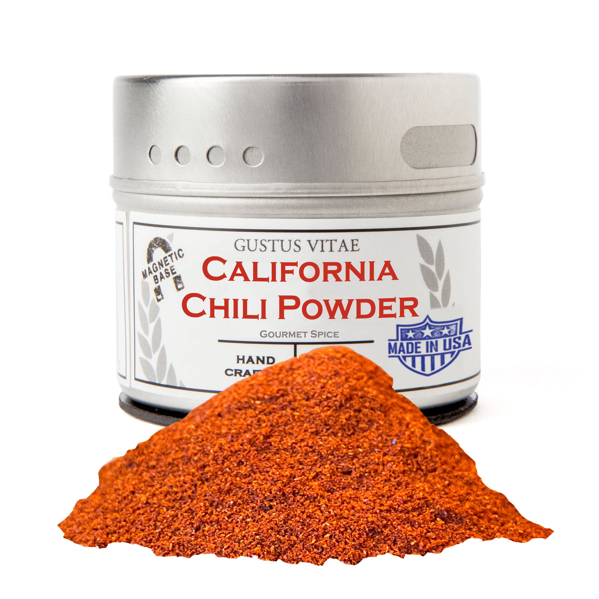 Gustus Vitae California Chili Powder gourmet seasoning in a jar, vibrant red chili powder for cooking and flavoring dishes.