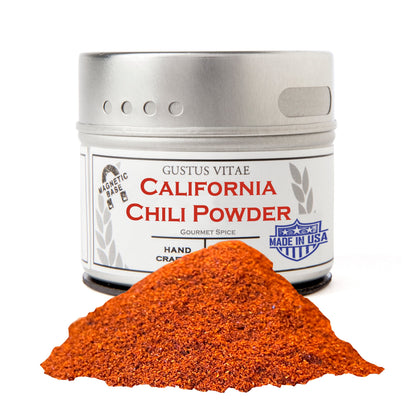 Gustus Vitae California Chili Powder gourmet seasoning in a jar, vibrant red chili powder for cooking and flavoring dishes.