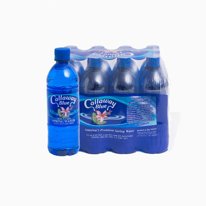 Callaway Blue Mountain Springwater bottles, natural Georgia mountain water, 24-pack, clear bottles, labeled with blue and white branding.