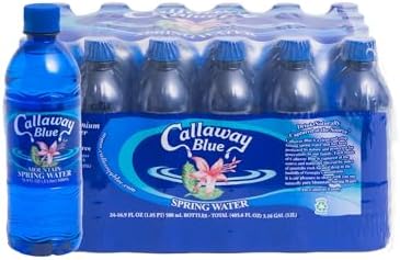 Callaway Blue Mountain Springwater bottles from Georgia in a 24-pack, showcasing clear bottles of natural spring water for home or office.