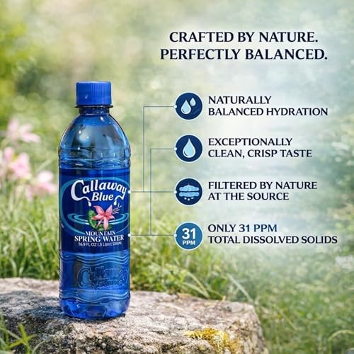 Callaway Blue Mountain Springwater bottles with clear labels, 12-pack of natural Georgia mountain spring water in premium bottles.