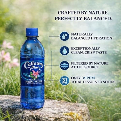 Callaway Blue Mountain Springwater bottles with clear labels, 12-pack of natural Georgia mountain spring water in premium bottles.