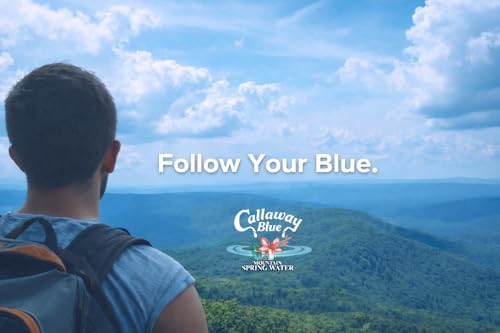 Callaway Blue Mountain Springwater bottles showing clear plastic bottles with blue labels, 24-pack of natural Georgia mountain spring water.