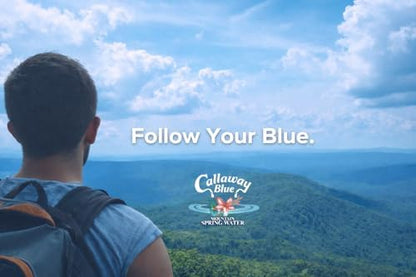 Callaway Blue Mountain Springwater bottles showing clear plastic bottles with blue labels, 24-pack of natural Georgia mountain spring water.