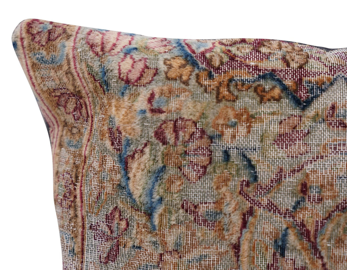 Canvello Handmade Kerman Rug antique throw pillow, 18x18 inches, with intricate traditional patterns and rich colors.
