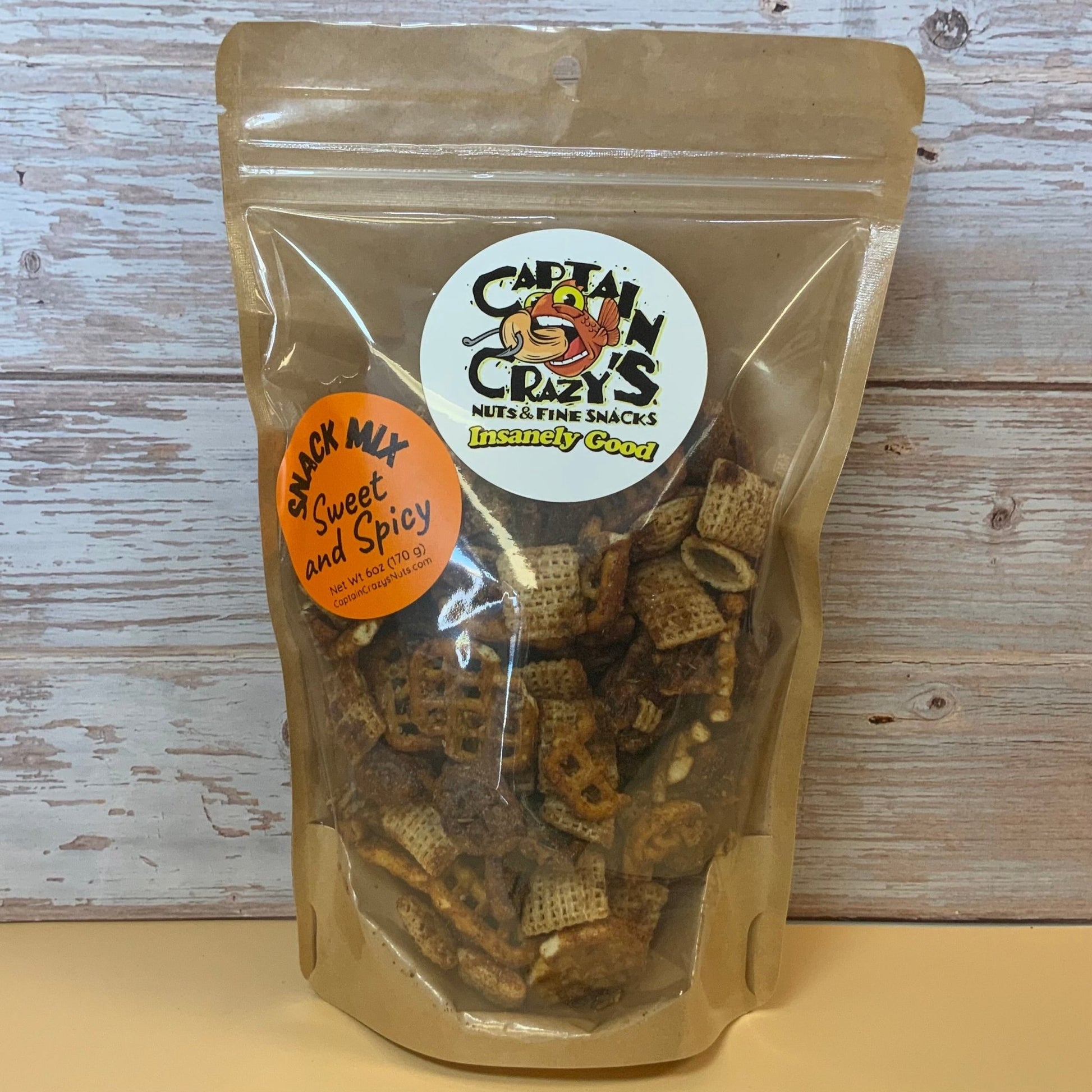 Captain Crazy's Nuts and Fine Snacks Sweet & Spicy Nutty Snack Mix with bold, crunchy texture and vibrant ingredients visible.