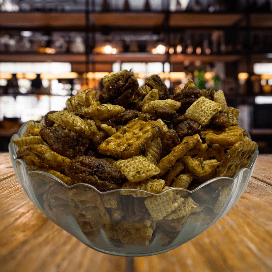 Captain Crazy's Nutty Snack Mix with sweet and spicy flavors, featuring crunchy nuts and bold heat in an appealing snack blend.