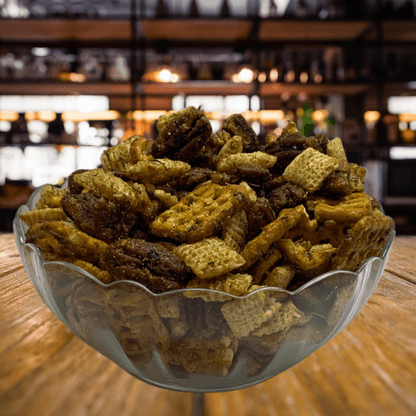 Captain Crazy's Nutty Snack Mix with sweet and spicy flavors, featuring crunchy nuts and bold heat in an appealing snack blend.