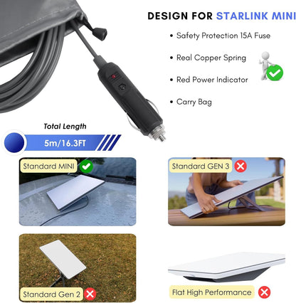 Starlink Mini 12V-24V car cigarette lighter to DC power cable by Tesery, 3 to 10 meters long, for vehicle power connection.