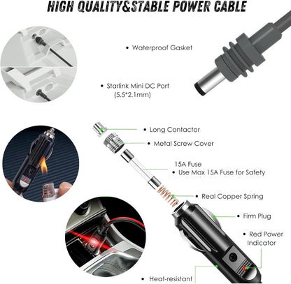 Car cigarette lighter to DC power cable for Starlink Mini, Tesery brand, 12V-24V vehicle connection, 3M-10M length.