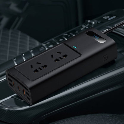 Tesla Model 3/Y 150W car power inverter with EU outlets, LCD display, and smart cooling for digital accessories.