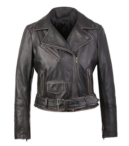 Carla Womens Distressed Short Biker Leather Jacket - Black, 2XL