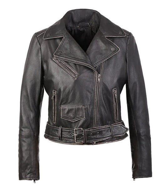 Black distressed leather biker jacket for women, Carla by Gear Hikes, in 2XL size, featuring a short, stylish, edgy design.