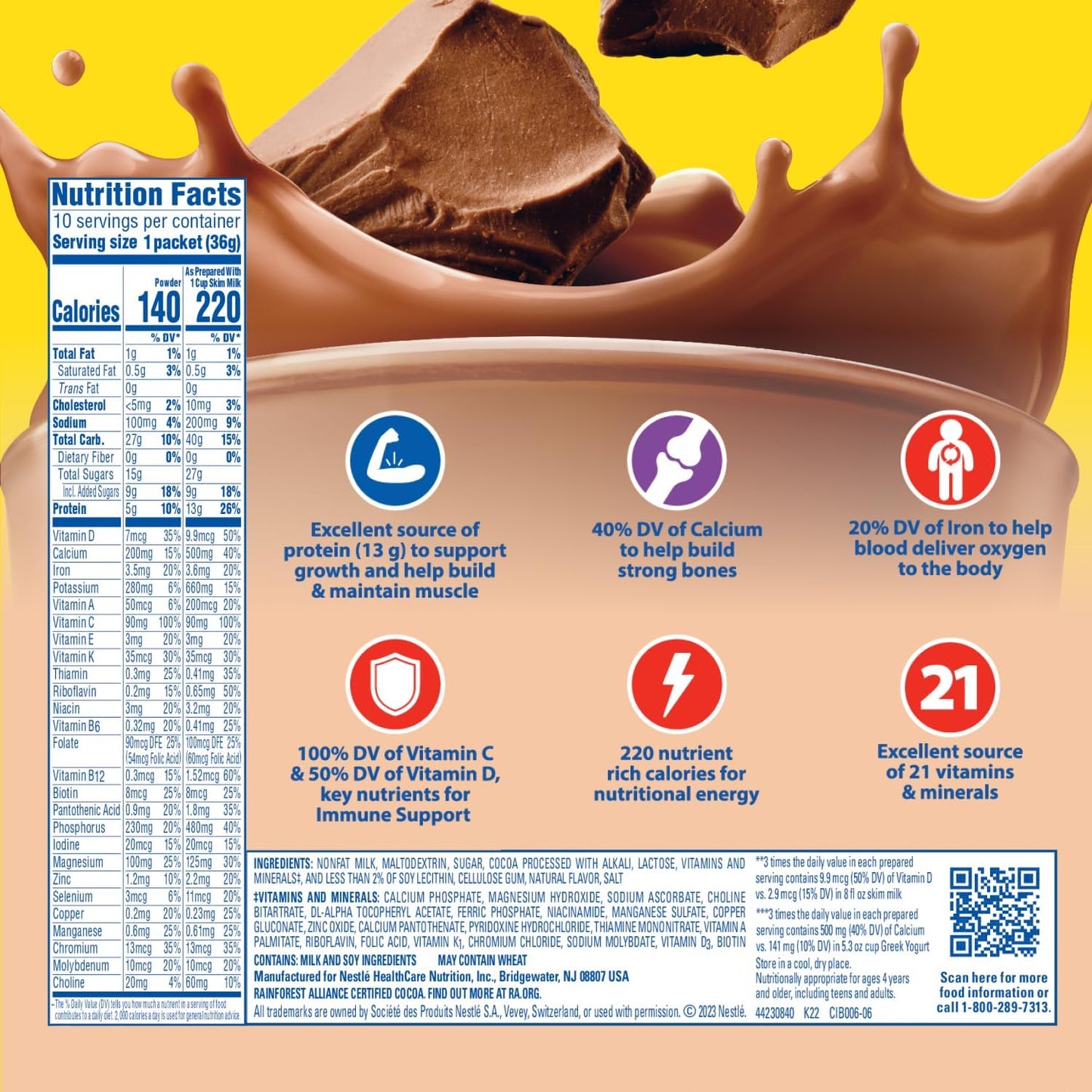 Carnation Breakfast Essentials Rich Milk Chocolate powder drink mix, 10 packets in a box, ideal for quick breakfast nutrition.