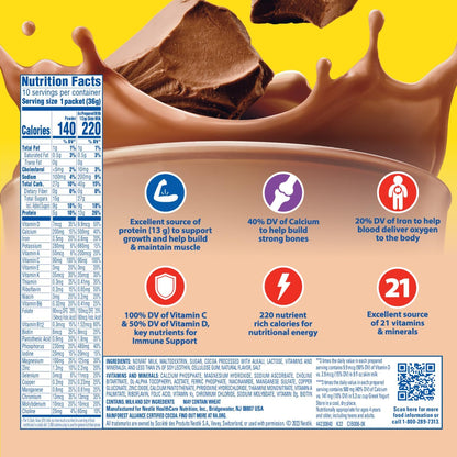 Carnation Breakfast Essentials Rich Milk Chocolate powder drink mix, 10 packets in a box, ideal for quick breakfast nutrition.