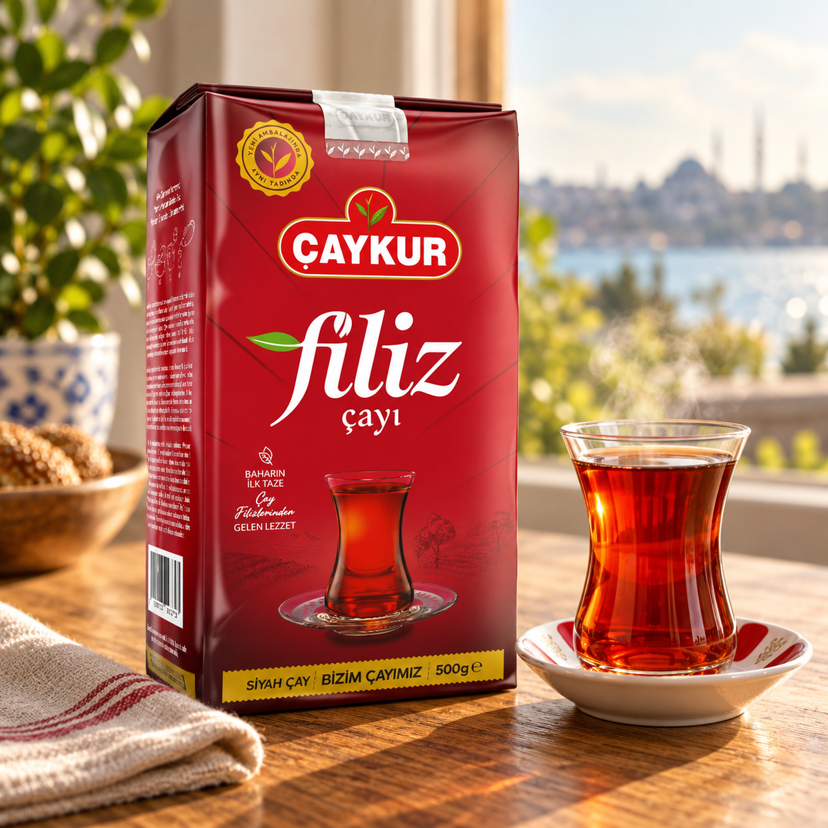 Caykur Filiz Tea 500G from S101, showing a package of Turkish tea with a traditional tea cup and saucer.
