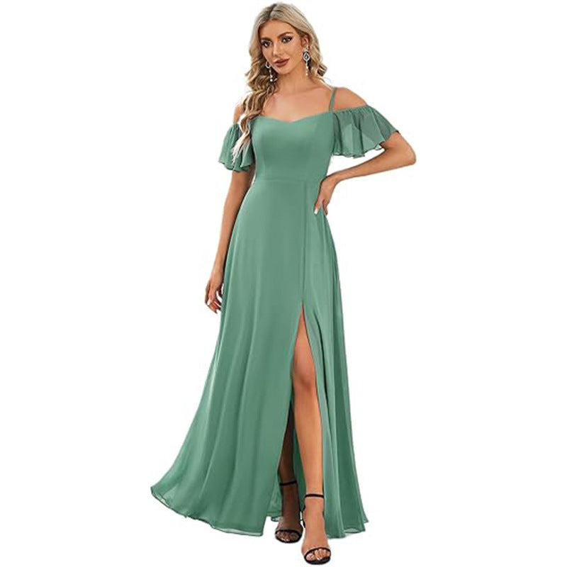 Off-shoulder chiffon maxi evening gown for women in a flowing floor-length silhouette