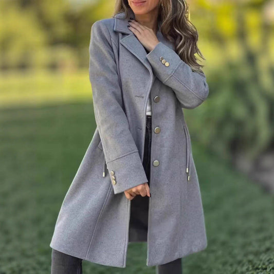 Women's solid-color mid-length wool coat with drawstring and pockets by My Store