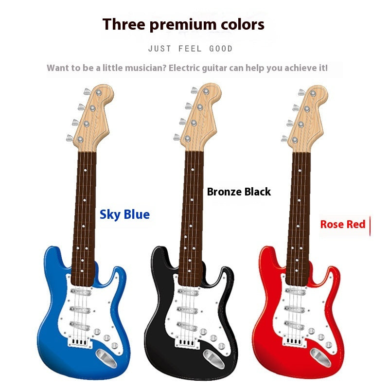 Male playing electric guitar toy, 4-string beginner musical instrument