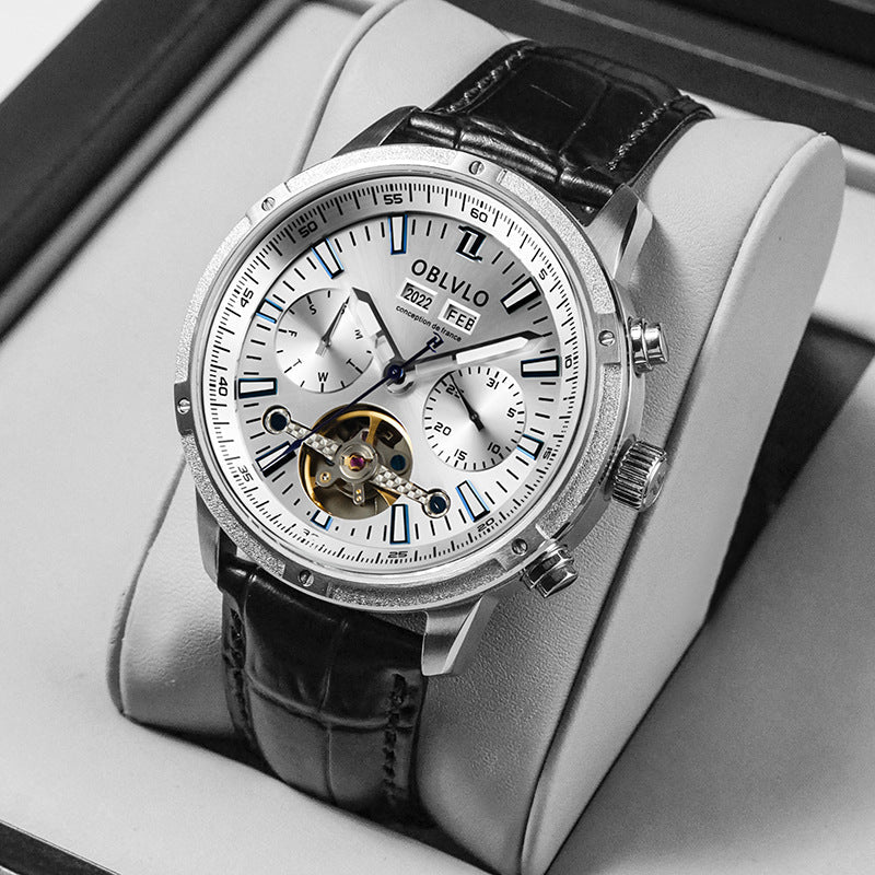 Men's multi-functional hollowed fashion watch with an openwork dial and stylish wristband