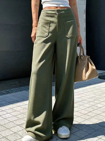 Women's casual loose-fit waffle-knit multi-color wide-leg pants, front view