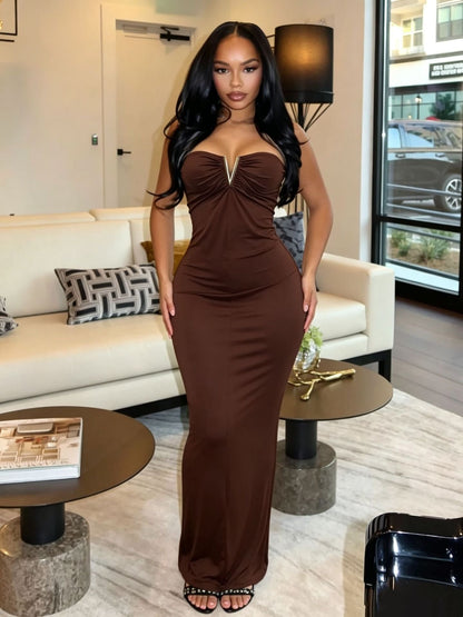 Strapless V-clasp embellished dress by My Store, featuring sparkling details and a fitted silhouette