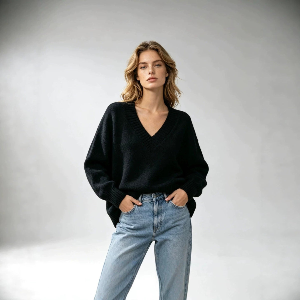 Women's loose-fit V-neck casual knit sweater in an all-match style, front view