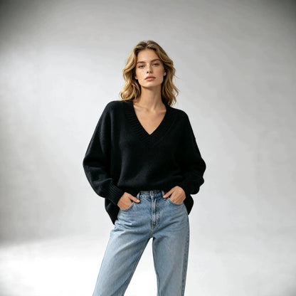 Women's loose-fit V-neck casual knit sweater in an all-match style, front view
