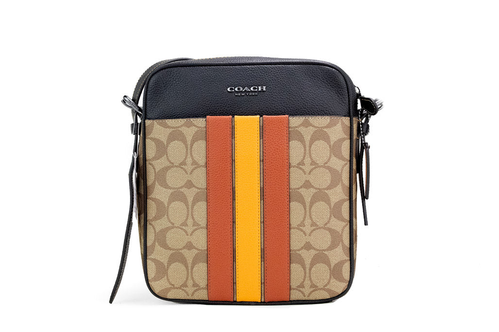 Coach Hudson 21 khaki terracotta signature varsity stripe crossbody bag with adjustable strap and signature logo details.