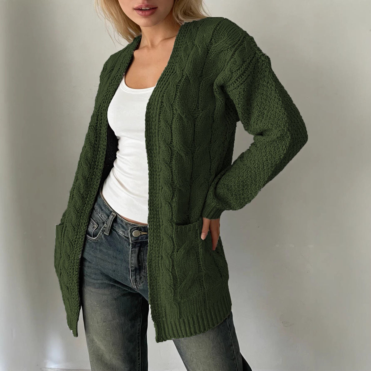 Solid-color Cable-knit Pocket Jacket For Women