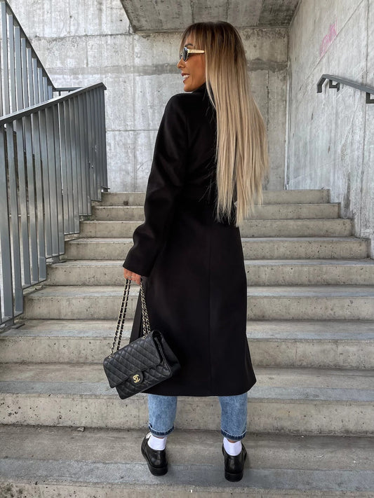Women's double-breasted lapel split winter jacket with belt and long sleeves in casual style
