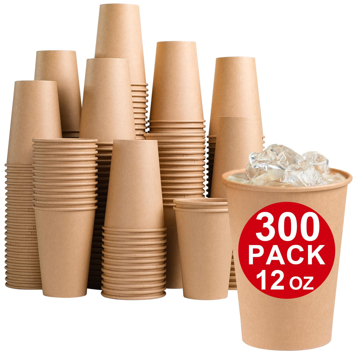 300 brown 12 oz Kraft paper coffee cups with lids, disposable hot and cold drink cups for water, coffee, or juice by BACKUPMYFILESNOW®