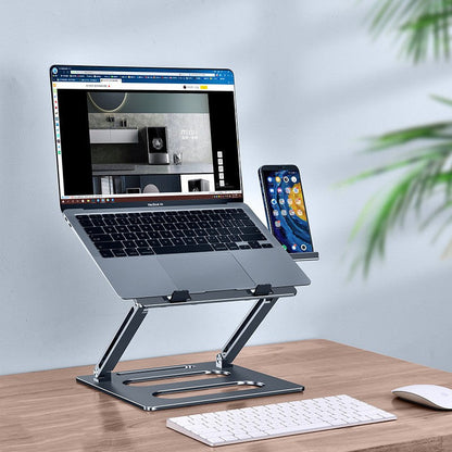 Adjustable metal laptop stand lift table for office use, shown in raised position