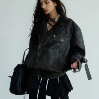 Dark Rock genderless futuristic motorcycle vintage jacket in black leather with bold panel detailing