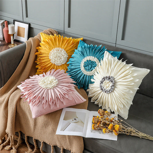 White velvet throw pillow with 3D chrysanthemum stitching, blue cushion case, and modern design