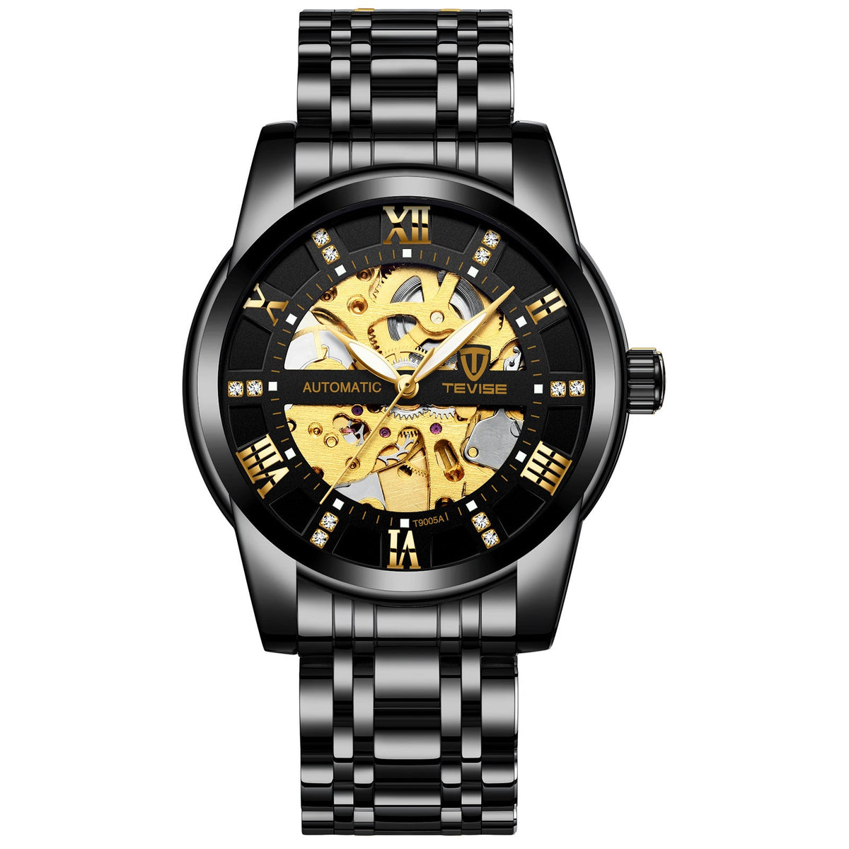 Mechanical watch with a hollowed-out steel bracelet, featuring an openwork dial and silver-tone finish