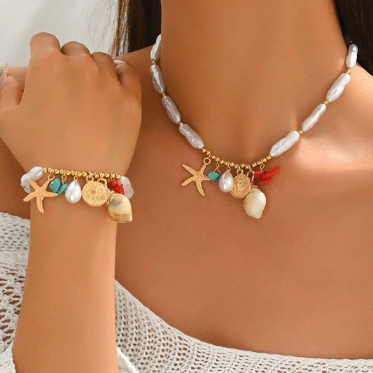 Women’s ocean-style jewelry set with beaded shell conch necklace and matching bracelet