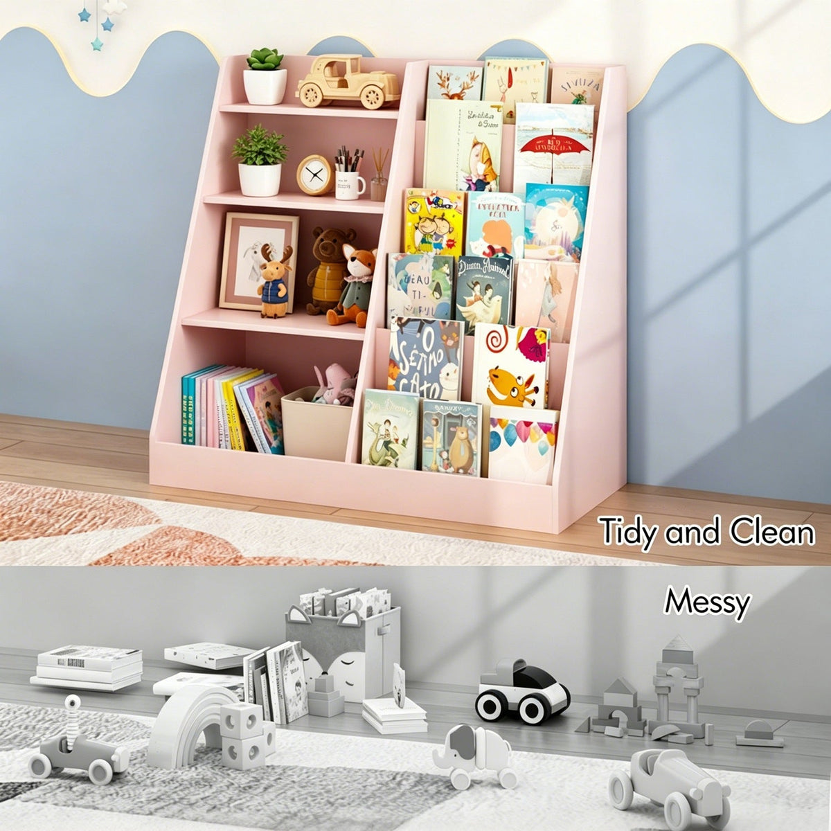 Kids bookshelf with toy storage organizer, GBruno Store, 34.65-inch multi-tier wooden bookcase with colorful bins and open shelves.
