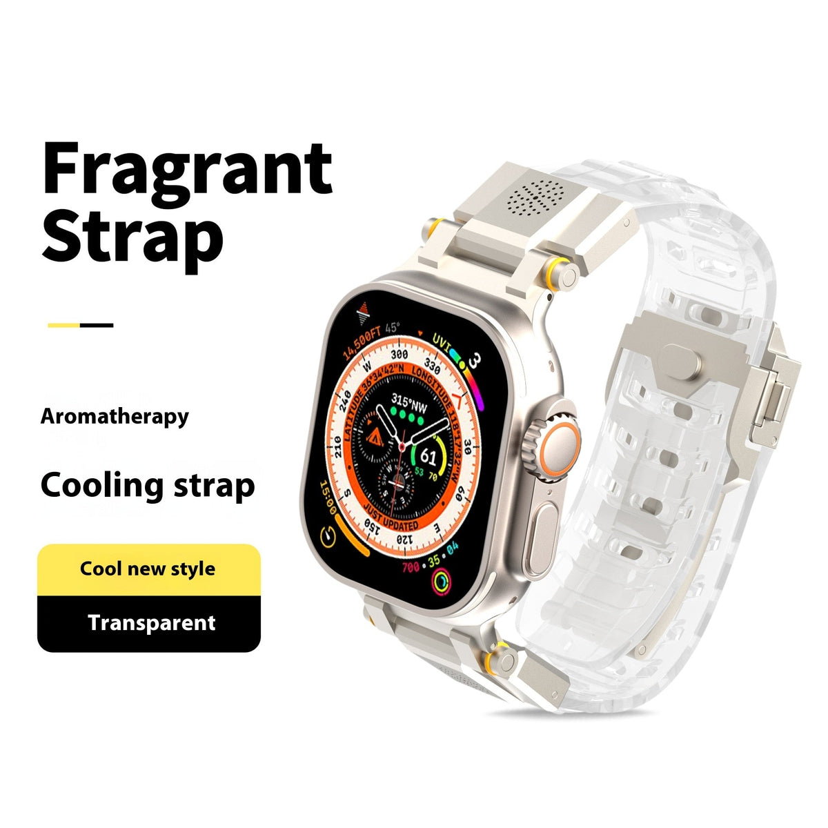 Metal aromatherapy watch band with stainless steel finish and decorative design