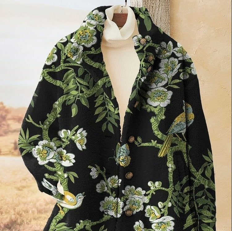 Women's 3D pattern flannel winter coat with long sleeves and button front