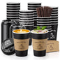 A pack of 100 BackupMyFilesNow.com 12 oz disposable coffee cups with lids, sleeves, and stir straws for hot and cold beverages.